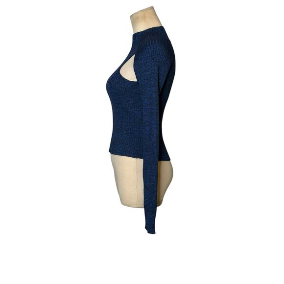 Open Edit Metallic Blue Knit Sparkly Cutout Long Sleeves Sweater Size Small - Picture 7 of 11